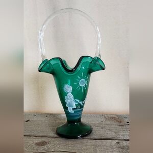 Fenton Art Glass Green Mary Gregory Style Basket 10” Girl Watering Flowers Sun